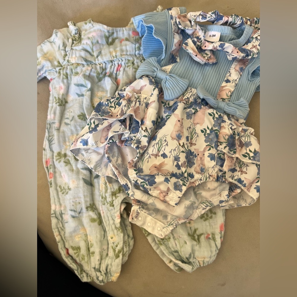 Angel Dear Blue and Floral romper + bunny dress